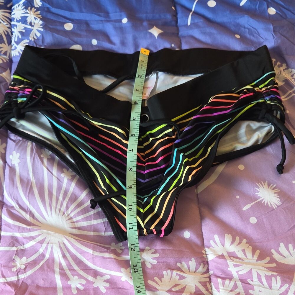 Xhilaration Striped Bikini Bottom Shorts Ties Black Multicolor Women's L Neon